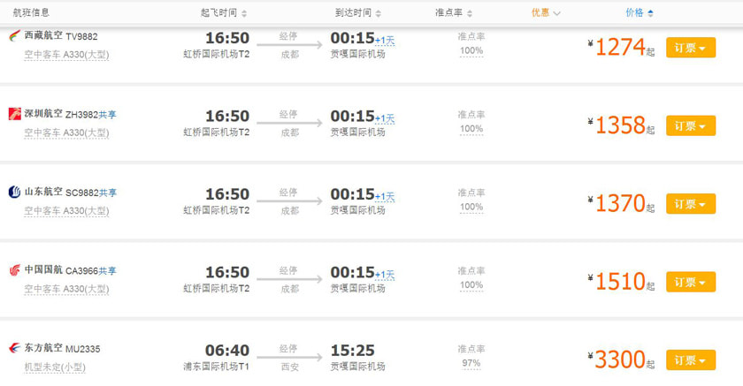 上海飞机时间表