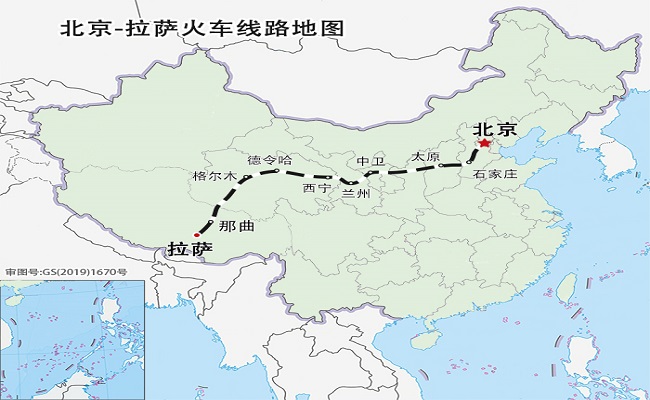 北京 - 拉萨列车路线地图